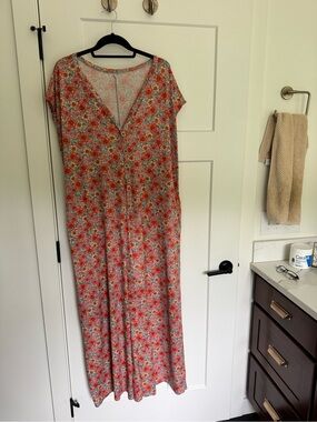 Three Bird Nest Coral Floral Button-Front Maxi Jumpsuit